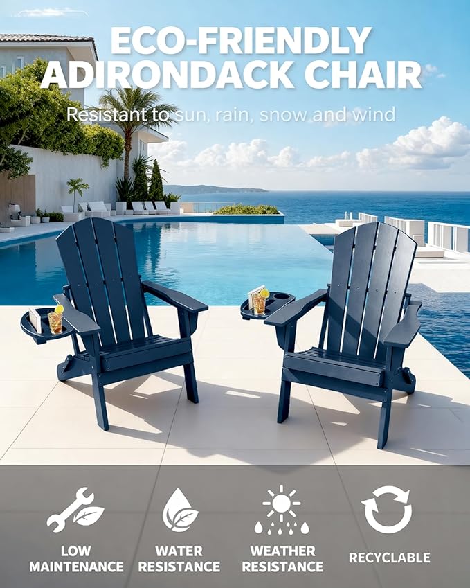 Adirondack Chair Set of 8, HDPE Folding Adirondack Chair with Multifunctional Cup Holder, Weather Resistant Fire Pit Chair for porches, patios, poolsides, Decks.
