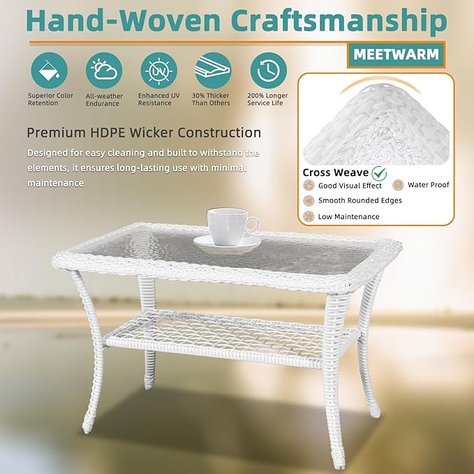 MEETWARM Wicker Patio Coffee Table, 34.5" Rectangle Outdoor Coffee Table with Tempered Glass Top and 2-Tier Storage Shelf, All-Weather Rattan Patio Side Table for Outside Poolside Deck Garden, White