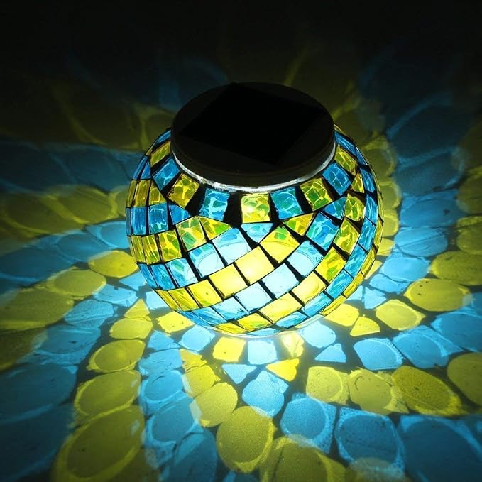 Waterproof Color Changing Table Lamp, Solar Powered Mosaic Glass Ball LED Garden Lawn Night Light Lamps, Party Lights for Home,Yard, Indoor,Outdoor Decoration Lights (Yellow&Blue)