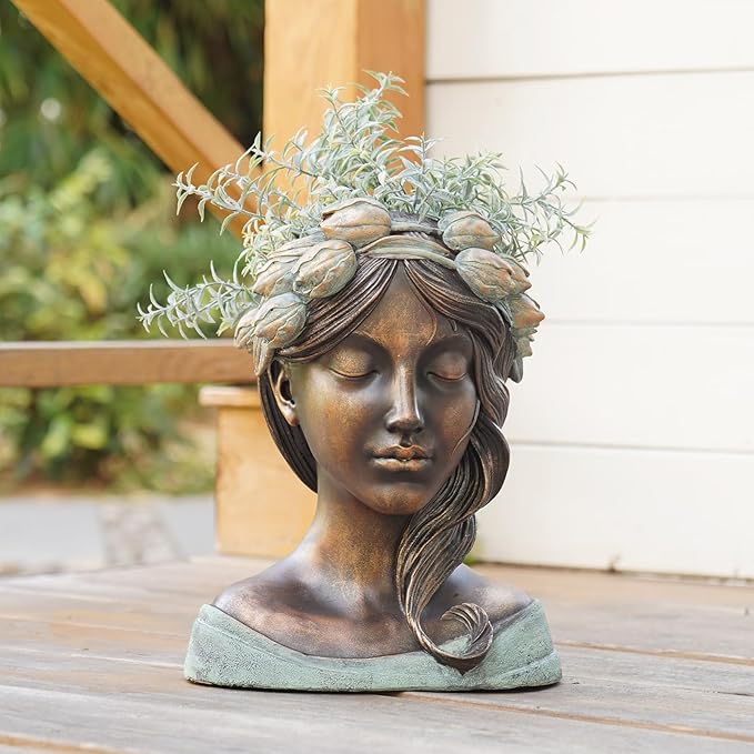 DiliComing Head Planter Face Plant Pots - 10 Inch Flower Pot Succulents Large Outdoor Planters Indoor with Drainage Resin Lady Black Statue for Garden Home Decor Porch Gift for Plant Lovers