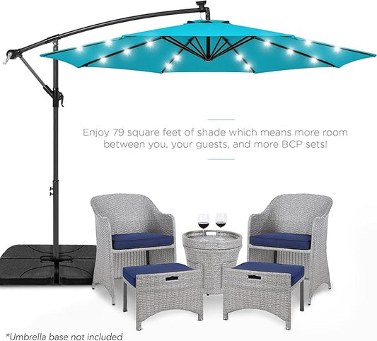 Best Choice Products 10ft Solar LED Offset Hanging Market Patio Umbrella for Backyard, Poolside, Lawn and Garden w/Easy Tilt Adjustment, Polyester Shade, 8 Ribs - Sky Blue