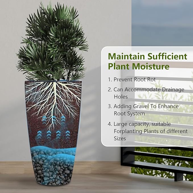 Set of 2 Large 21" Tall Planters for Indoor Outdoor, Heavy-Duty Resin with Drainage Holes & Unique Textured Design, Perfect for Porch, Patio, Backyard Home Decor, Blue