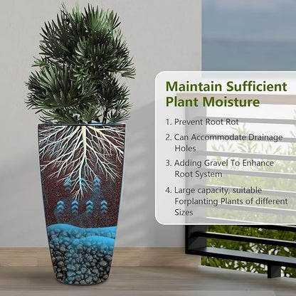 Set of 2 Large 21" Tall Planters for Indoor Outdoor, Heavy-Duty Resin with Drainage Holes & Unique Textured Design, Perfect for Porch, Patio, Backyard Home Decor, Blue