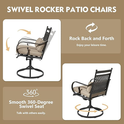 MELLCOM 5 Pcs Patio Dining Sets, Outdoor Table Chair Set for 4 with Swivel Rocker Chairs and Square Metal Dining Table, Khaki