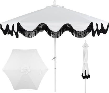 JONATHAN Y UMB1001 Collins 9 ft. Classic Cottage Tassel Market Patio Umbrella with Auto-Tilt, Crank, Wind Vent and UV Protection