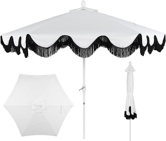 JONATHAN Y UMB1001 Collins 9 ft. Classic Cottage Tassel Market Patio Umbrella with Auto-Tilt, Crank, Wind Vent and UV Protection