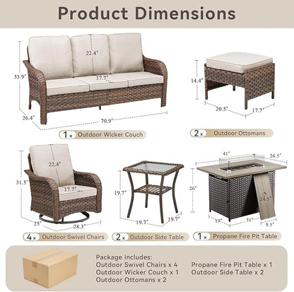 10 Pieces Patio Furniture Set with 42.5" Fire Pit Table-All Weather Wicker Outdoor Furniture with High Back Swivel Patio Chairs Set of 2 Outdoor Couch for Deck Balcony Backyard Brown/Beige