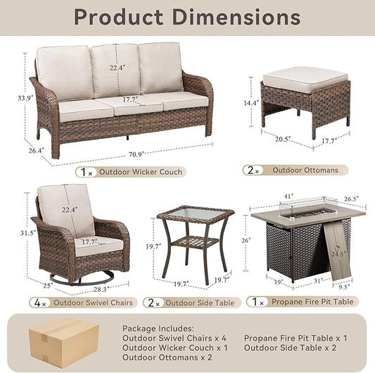 10 Pieces Patio Furniture Set with 42.5" Fire Pit Table-All Weather Wicker Outdoor Furniture with High Back Swivel Patio Chairs Set of 2 Outdoor Couch for Deck Balcony Backyard Brown/Beige
