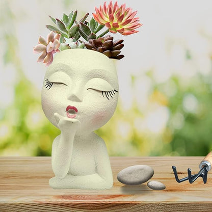 Face Planter Pots Resin Air Kiss Head Face Planter Standing Flower Pots for Trailing Plants Handcrafted Succulent Planter Pot for Indoor and Outdoor Plants Pale Yellow 1Pack