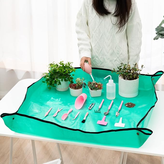 Melphoe 25Pcs Mini Garden Hand Transplanting Succulent Tools Set, 39.4" Thickened Repotting Mat & Plant Tag, Miniature Planting Indoor Fairy Care, Potting, Cactus, Houseplant Bonsai Tool Kit (Pink)
