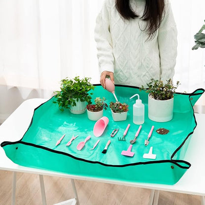 Melphoe 25Pcs Mini Garden Hand Transplanting Succulent Tools Set, 39.4" Thickened Repotting Mat & Plant Tag, Miniature Planting Indoor Fairy Care, Potting, Cactus, Houseplant Bonsai Tool Kit (Pink)