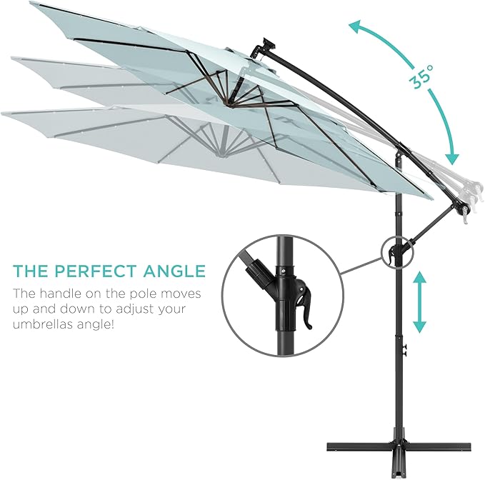 Best Choice Products 10ft Solar LED Offset Hanging Market Patio Umbrella for Backyard, Poolside, Lawn and Garden w/Easy Tilt Adjustment, Polyester Shade, 8 Ribs - Baby Blue