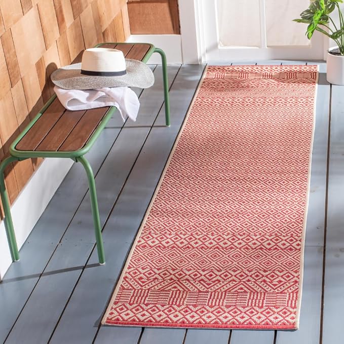 SAFAVIEH Washable Rug Outdoor Courtyard Collection - 2'3" x 12' Runner, Beige & Red, Non-Shedding & Easy Cleaning, Ideal for Patio, Entryway, Mudroom, Hallway, Kitchen (CY6235-23812)