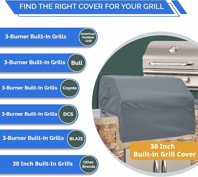 Covers & All Built-in Grill Cover for Outdoor Grill – Heavy Duty 12 oz Waterproof Built-in BBQ Grill Cover, PVC-Coated Polyester with Elastic Hem for Snug Fit (30 x 26 x 14 inches, Grey)