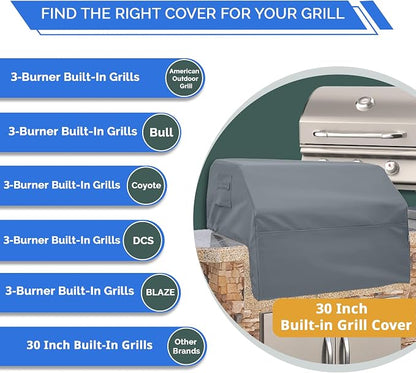 Covers & All Built-in Grill Cover for Outdoor Grill – Heavy Duty 12 oz Waterproof Built-in BBQ Grill Cover, PVC-Coated Polyester with Elastic Hem for Snug Fit (30 x 26 x 14 inches, Grey)