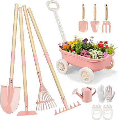 Kids Gardening Set with Wheelbarrow, 11-Piece Outdoor Yard, Beach, STEM Garden Play Kit with Child-Sized Tools, Durable, Safe & Fun Gift Toy for Ages 2+ Kids Toddlers Boys Girls (Pink)