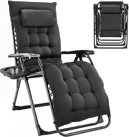 Alpen Oversized Outdoor Zero Gravity Chair, Portable Patio Recliner with Removable Pad and Adjustable Headrest, Lounge Chair with Cup Holder for Outdoor Camping Lawn Balcony, Black