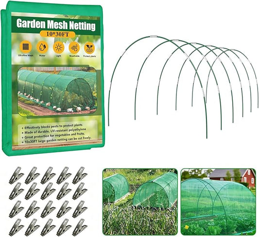 Garden Mesh Netting Kit for Raised Beds, 10x30FT Green Garden Netting ＆6 Sets Fiberglass Garden Hoops, Row Cover Garden Netting Pest Barrier Plant Protection for Vegetable Flowers Fruits
