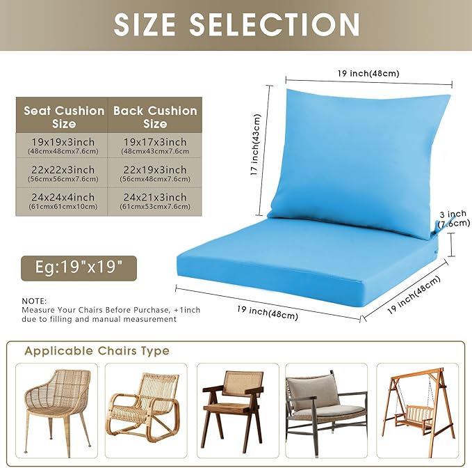 Outdoor Seat Cushion Set 19 x 19 In, Water-Resistant & Fade-Resistan, Patio Furniture Cushions with Removable Cover Deep Seat & Back Cushion with Handle and Adjustable Straps for Chair Sofa,2PC