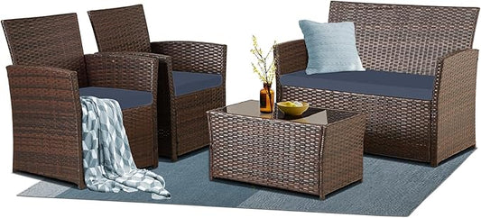 4 Piece Patio Furniture Set, Outdoor Wicker Conversation Set, Rattan Sectional Sofa Couch with Glass Coffee Table & Thick Cushion for Backyard, Porch, Garden, Poolside, Brown/Blue