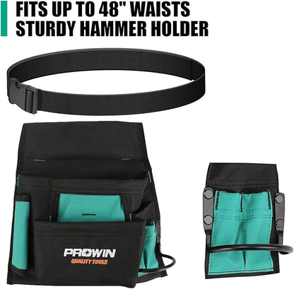 PROWIN Heavy Duty Waterproof Tool Bag with Adjustable Belt, Multi-Size Carpenter, Plumber, Electrical Garden Tool Pouch with Hammer Holder, Abrasion-Resistant Large Capacity FITS UP T0 48" WAISTS