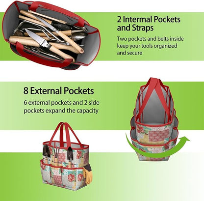 Floral Garden Tool Bag - Waterproof Garden Tote with 8 Pockets, Large Storage Home Organizer Gardening Tool Oxford Bag for Garden Tools Kits Holder, Ideal Outdoor Gardening Gift for Women & Men