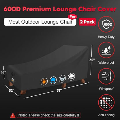 Zettum Outdoor Lounge Chair Cover 2 Pack - Waterproof Patio Chaise Lounge Chair Cover, 600D Fade-Resistant Outdoor Seating Covers For Pool Lounge Chair, Lawn Bench Furniture 76 x 32 x 32 Inch