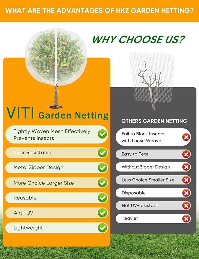 VITI Fruit Tree Netting for Cicadas - with 2Pcs 8Ftx5.3Ft Zipper&Drawstring Protection for Your Fruit Trees Garden Bird Netting Covers Blueberry Bush Tomato Bug Plant Protection Cherry Apple Tree