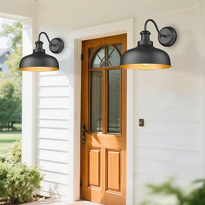 Outdoor Farmhouse Barn Light, Outside Wall Sconce, Weather Resistant Anti-Rust Farmhouse Exterior Wall Mount Light, Outdoor Lantern Lamp for Porch, Garage, Patio, Entryway (Black, 2 Pack)