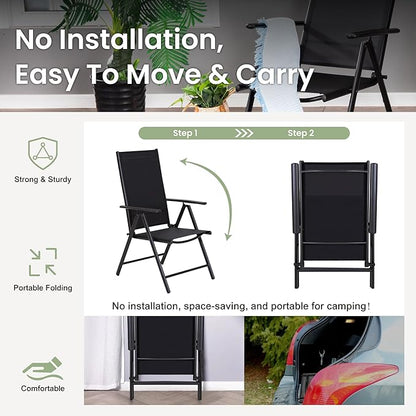 PHI VILLA Patio Folding Chairs Set of 4, Portable Outdoor Dining Chairs with Adjustable Backrest for Outside, Garden, Lawn & Yard, No Assembly, Black