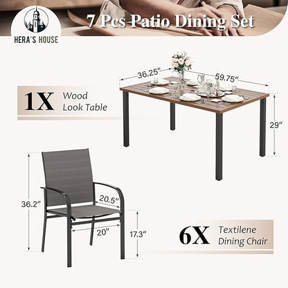 HERA'S HOUSE Patio Table and Chairs Set 7 Pieces, Wood-Like Outdoor Metal Dining Furniture Sets for Backyard Lawn Deck