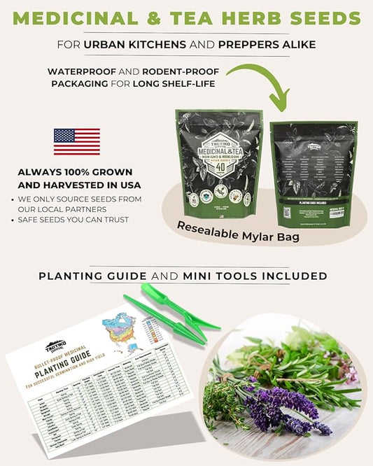 Tactiko Survival 40 Medicinal and Tea Herb Seeds Variety Pack, Indoor and Outdoor Herb Garden Kit, USA Grown Heirloom Non-GMO, Herbal Apothecary for Teas, Resealable Mylar for Long-Term Storage