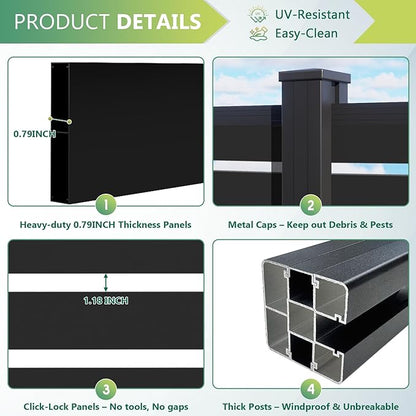 Mondaria Aluminum Privacy Fence Panels for Outside, 6ft(W) x 6ft(H) Horizontal Lattice Fence with 2 No-dig Posts, Wind Resistant Decorative Fencing Panels for Yard, Patio & Pool (Black)