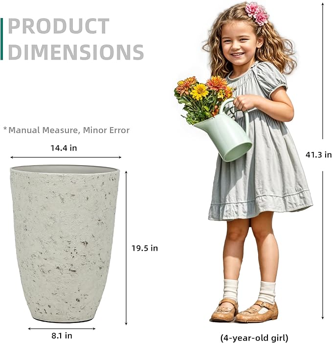 19.5"H Resin Tall Planters for Outdoor Indoor Use, 2-Pack Large Flower Pots, Weather-Resistant Plant Container for Garden Yard Porch or Home Décor, Handcrafted Birch Bark Texture, Country White