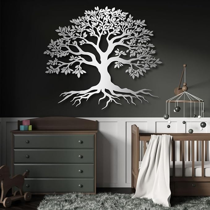 VTHTA Large Tree of Life Metal Wall Art,Tree Wall Sign for Living Room Bedroom Indoor Outdoor Garden Home Decoration (Sliver, 28" Wx24 H/70x61cm, Metal Wall Art)