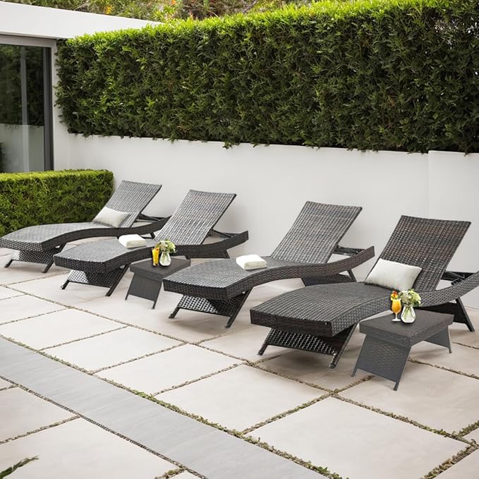 Outdoor Patio 4 Adjustable Backrest Chaise Lounger and 2 Side End Tables, 6 Piece Lounge Chair Patio Pool Outside Rattan Reclining Lounge Chairs with Coffee Table