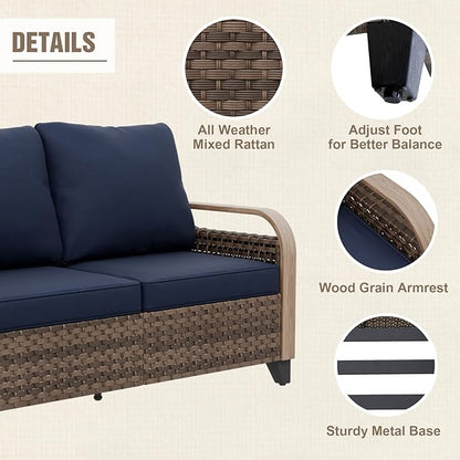 Modern Wicker Patio Furniture Set, Rattan Outdoor Conversation Set with Comfortable Cushions, 2 Swivel Rocking Chairs, 3 Seat Couch, 2 Ottomans and Coffee Table, 6 Pieces, Brown/Blue