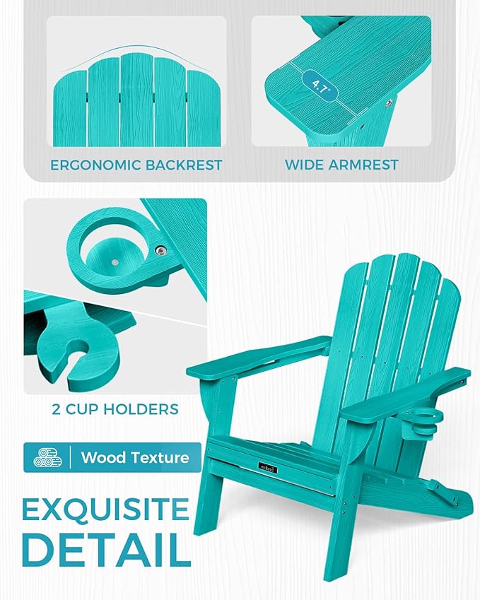Folding Adirondack Chair,All-Weather HDPE Fire Pit Chair with 2 Cup Holders, Plastic Outdoor Chair for Patio Deck Garden Lawn, Lakeblue
