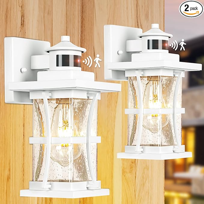 2 Packs White Motion Sensor Outdoor Lights - Advanced Dusk to Dawn Outdoor Lighting, Waterproof Exterior Light Wall Mount Fixtures, Anti-Rust Porch Outside Lights Wall Sconce for House, Garage, Square