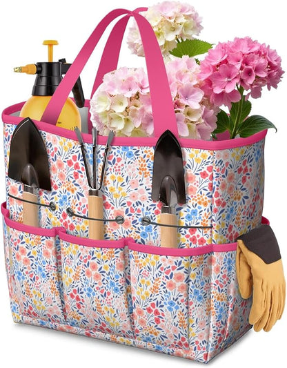 Boho Garden Tool Bag - Waterproof Floral Garden Tote with 8 Pockets, Large Storage Home Organizer Gardening Tool Oxford Bag for Garden Tools Kits Holder, Ideal Outdoor Gardening Gift for Women & Men