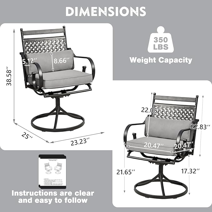 MELLCOM Patio Swivel Chair Set of 4, Heavy Duty Outdoor Dining Chairs with Cushions and Lumbar Pillows, Metal Patio Chairs Gentle Rocker for Outside, Garden Lawn & Porch, Backyard, Grey