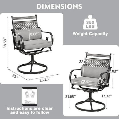 MELLCOM Patio Swivel Chair Set of 2, Heavy Duty Outdoor Dining Chairs with Cushions and Lumbar Pillows, Metal Patio Chairs Gentle Rocker for Outside, Garden Lawn & Porch, Backyard, Grey