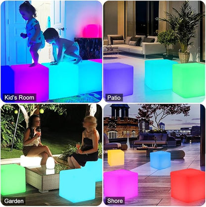 14-in LED Cube Seat & 20-in LED Globe Orb Light, Rechargeable Globe Floor Lamp Cube Chair for Kid w/Remote, Versatile Light Up Side Table Glowing Ball Lights for Home Garden Patio Lawn Party Decor