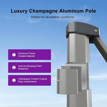 PURPLE LEAF 9' X 12' Left-right Tilting Patio Umbrella with Base Outdoor Swivel Cantilever Offset Aluminum Umbrella with Champagne Frame and 360-degree Rotation for Garden Deck Pool, Navy Blue