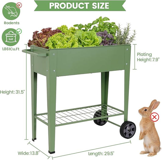 Tall Raised Garden Bed Outdoor with Wheels, Metal Elevated Raised Planter Box with Drainage Holes for Vegetables, Flower, Herbs(Green)