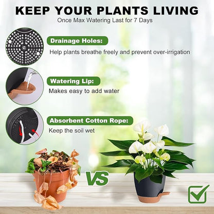 Plant Pots Pack of 5, 7/6.5/6/5.5/5 Inch Self Watering Planters with Drainage Hole Planter for Indoor Plants, Planting Pots for African Violet, Ochid and House Plants (Black)