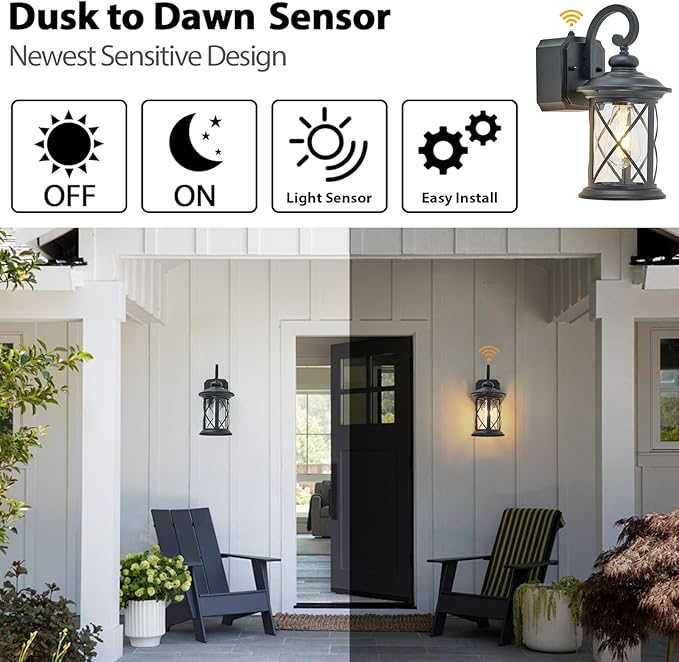 Dusk to Dawn Photocell Sensor Outdoor Porch Light with GFCI Outlet, Anti-Rust Waterproof Industrial Outdoor Lantern, Black Exterior Work Lights Rustic Wall Light