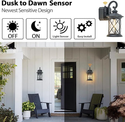 Dusk to Dawn Photocell Sensor Outdoor Porch Light with GFCI Outlet, Anti-Rust Waterproof Industrial Outdoor Lantern, Black Exterior Work Lights Rustic Wall Light