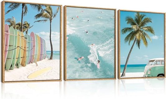 KAIRNE Ocean Beach Framed Canvas Wall Art Set, Coastal Seascape Surfboard Wall Decor, Modern Palm Tree Art Prints, Summer Surfing Blue Artwork for Living Room, Bedroom, Farmhouse, Office-12 x16 x3