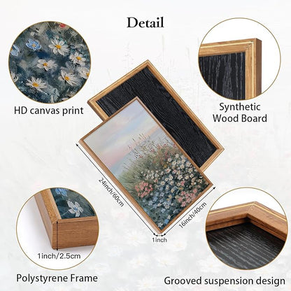 CHDITB Seaside Floral Framed Canvas Wall Art Set, Nature Inspired Ocean View Wall Decor, Sunrise Art Spiritual Wall Painting, Coastal Wildflowers Art Prints for Living Room, Office-Size 16"x24"x3
